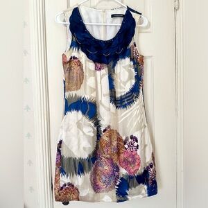 Shift Dress with Abstract Floral Print and Petal Neckline